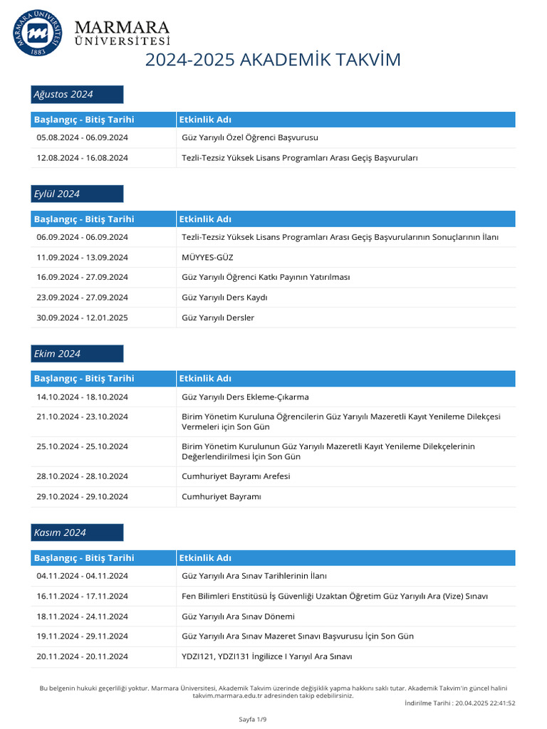 2024-2025 AKADEMİK TAKVİM: Ağustos 2024 | PDF
