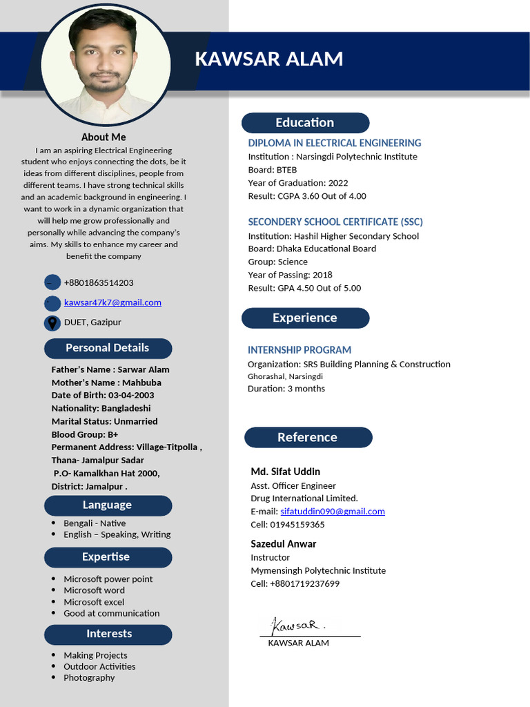 Kawsar Alam's Electrical Engineering Profile | PDF | Educational Stages
