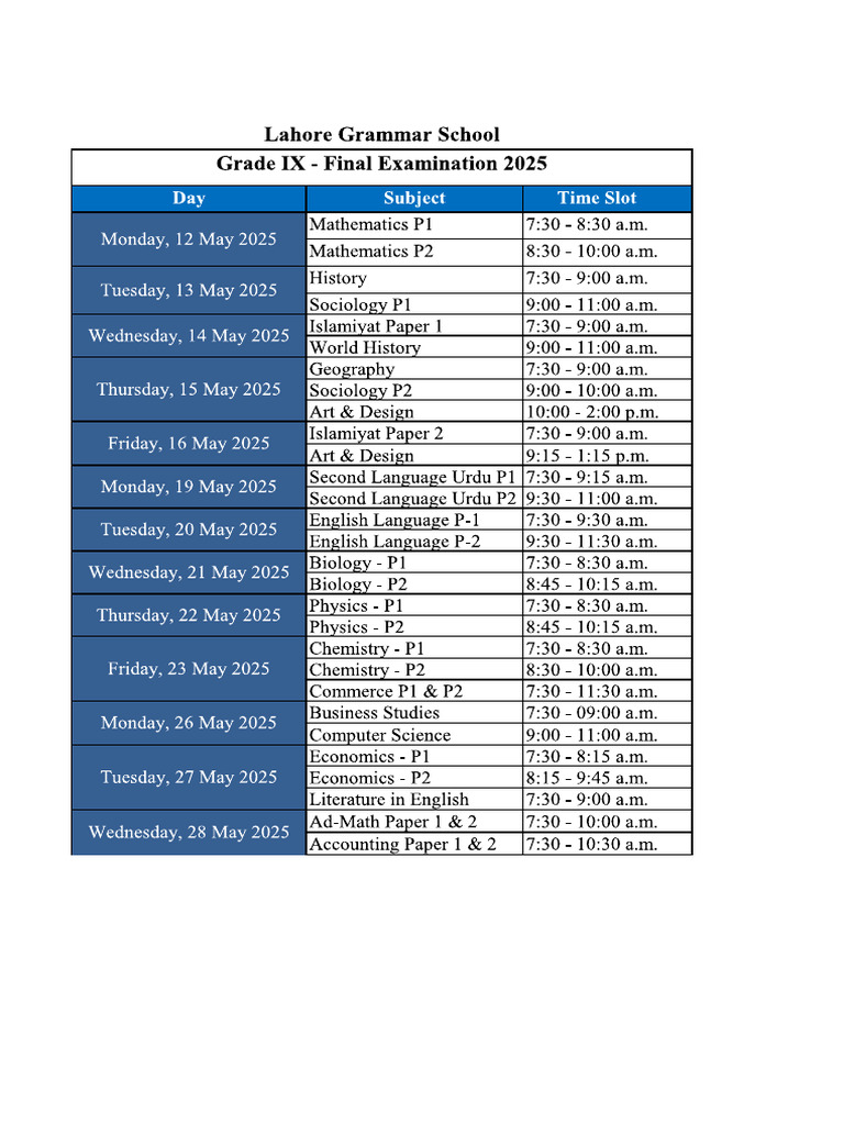 Grade IX Date Sheet Final (Updated) | PDF