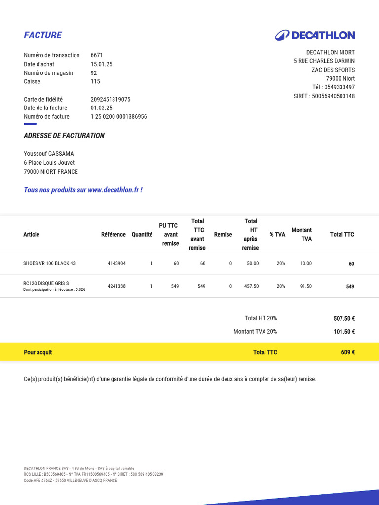 Facture D achat V lo lectrique Decathlon PDF Taxe Sur La Valeur 