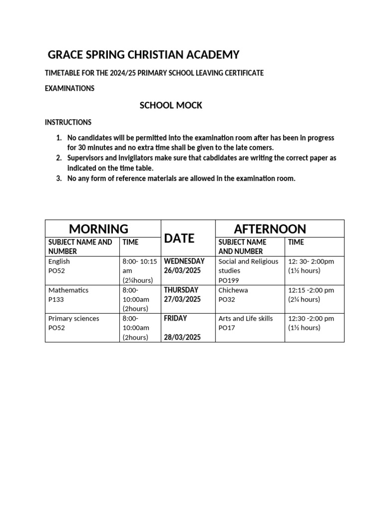 2025 Primary Leaving Cert Timetable | PDF