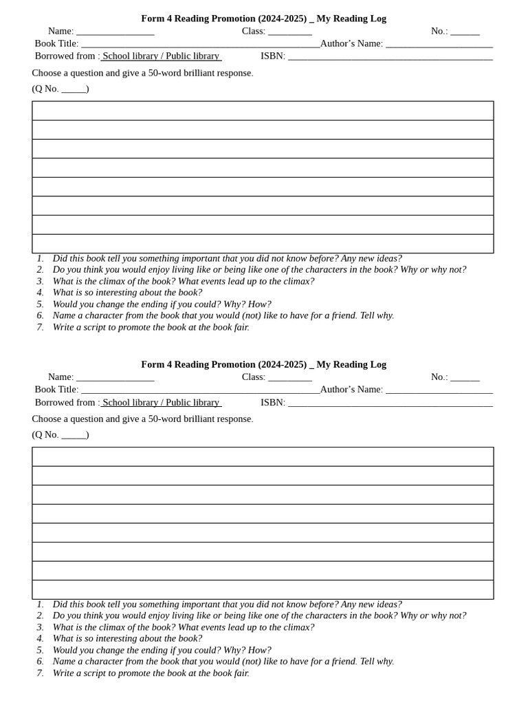 Form 4 Reading Log & Promotion Guide | PDF