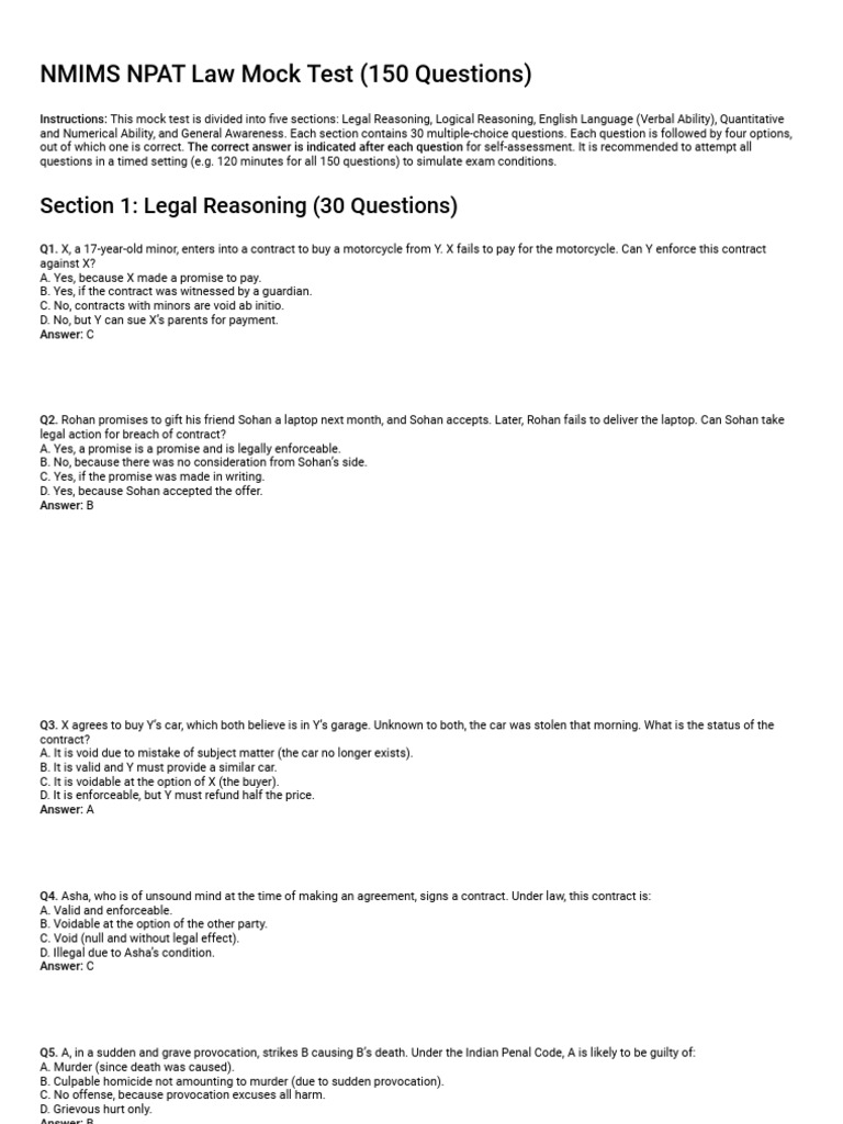 NMIMS NPAT Law Mock Test: 150 Questions | PDF | Apollo 11 | Area