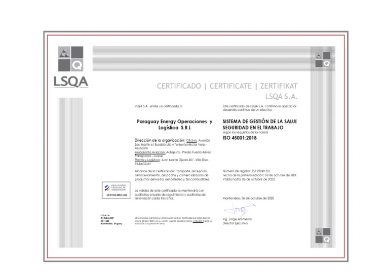 Certificado LSQA ISO 45001 2018 Paraguay Energy Operaciones y Logística ...
