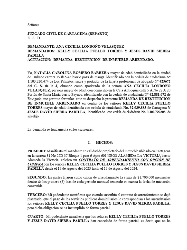 Demanda de Restitución de Inmueble Arrendado | PDF