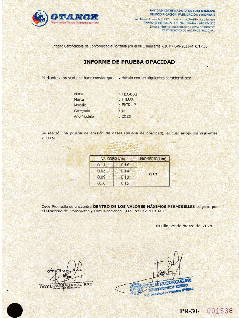 CERTIFICADO OPACIDAD TEX-831 | PDF