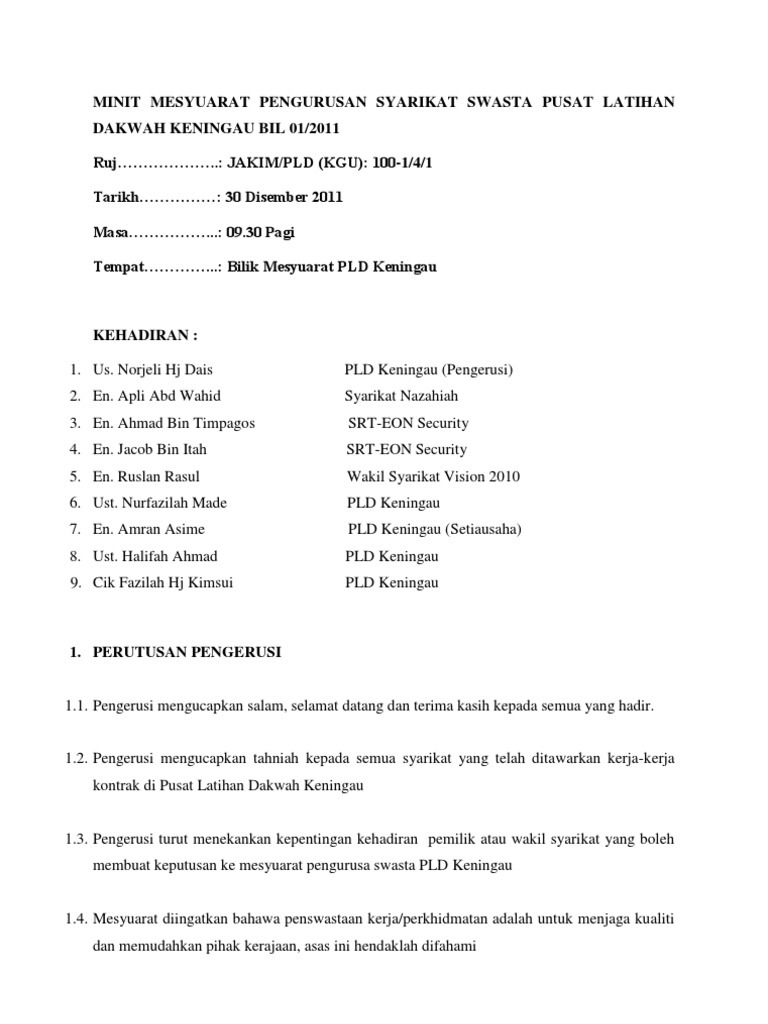 Minit Mesyuarat Pen Gurus An Syarikat Swasta Pusat Latihan Dakwah Keningau Bil 01