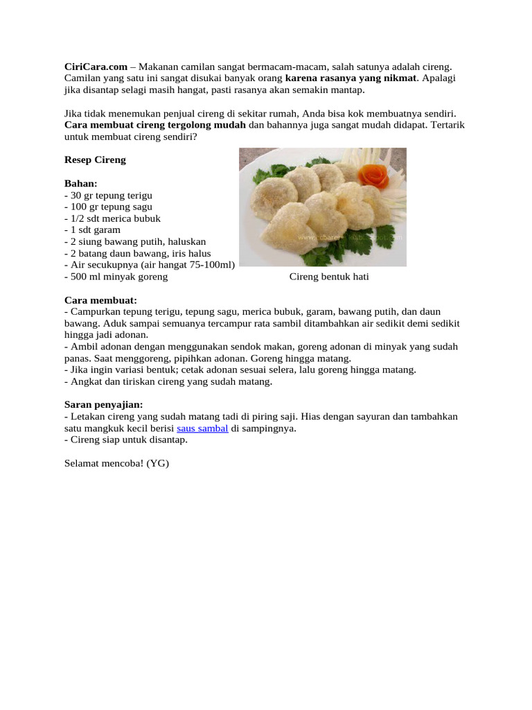 Resep Cireng Saus Sambal Lezat | PDF