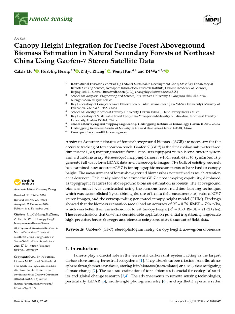 Canopy Height for Forest Biomass Estimation | PDF | Lidar | Remote Sensing