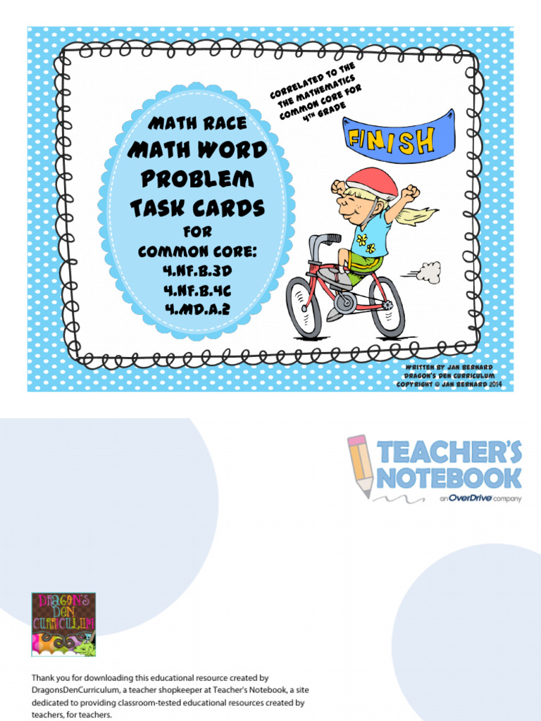 4th Grade Math Race. Math Word Problem Task Cards (DragonsDenCurriculum ...