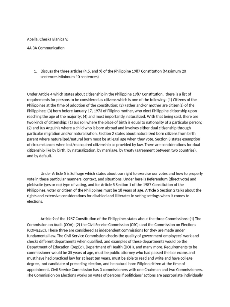 Overview of Philippine 1987 Constitution Articles | PDF ...