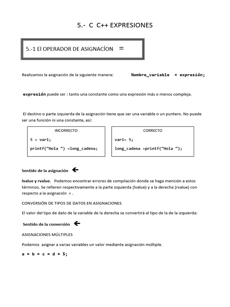 Asignaciones y Operadores en C/C++ | PDF | C ++ | Soporte