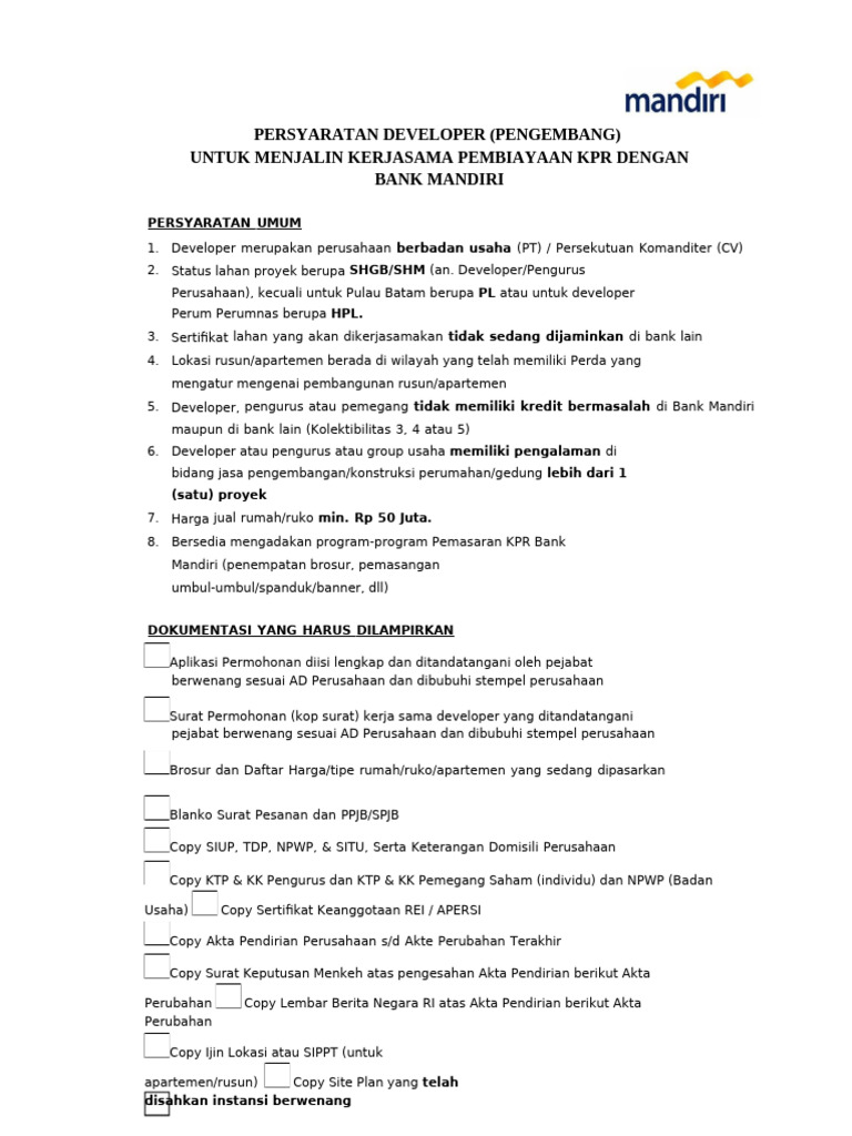 Persyaratan Kerjasama KPR Developer | PDF