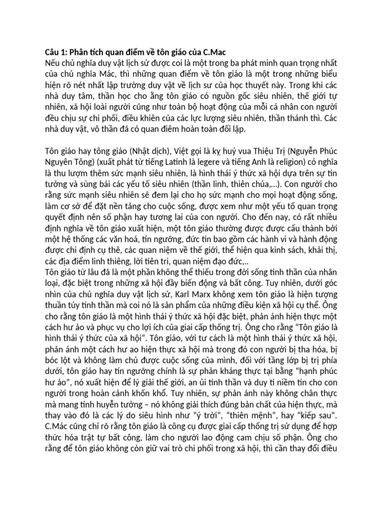 Câu 1: Phân tích quan điểm về tôn giáo của C.Mac | PDF