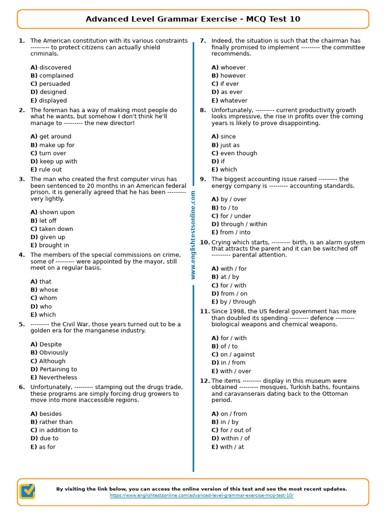 833 - Advanced Level Grammar Exercise MCQ Test 10 | PDF