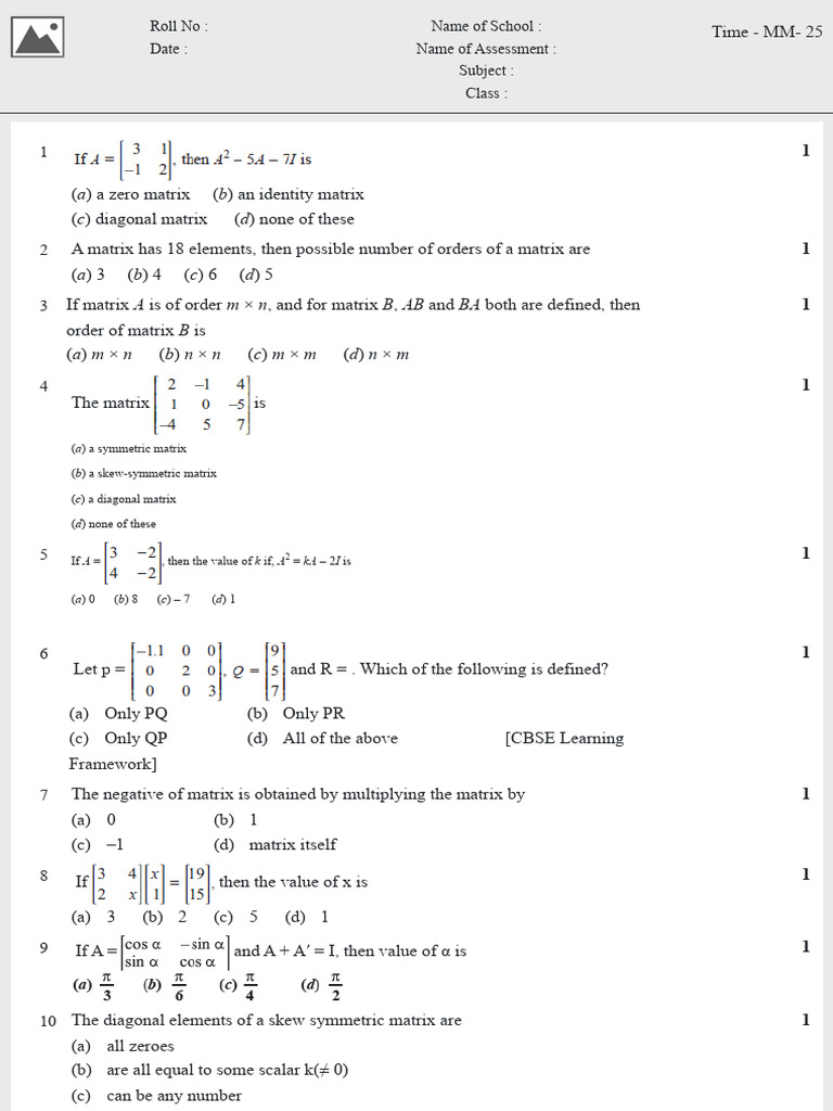 Test Generator matrices mcq | PDF | Matrix (Mathematics) | Functional ...