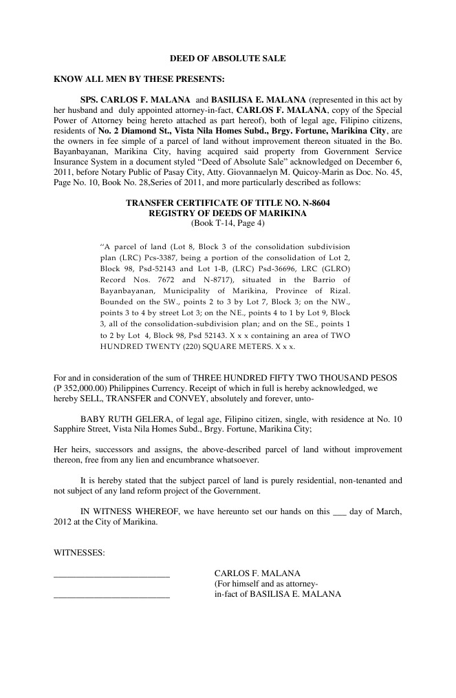 Deed of Absolute Sale Power Of Attorney Notary Public