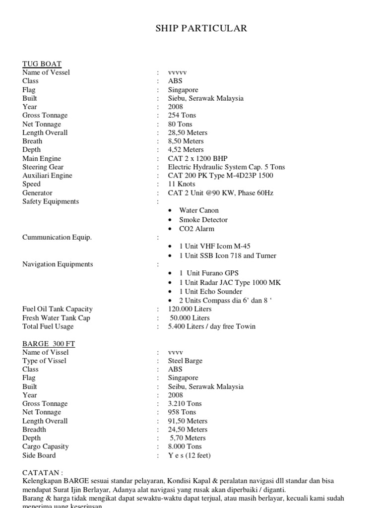 Ship Particulars for Tugboat and Barge | PDF | Technology & Engineering
