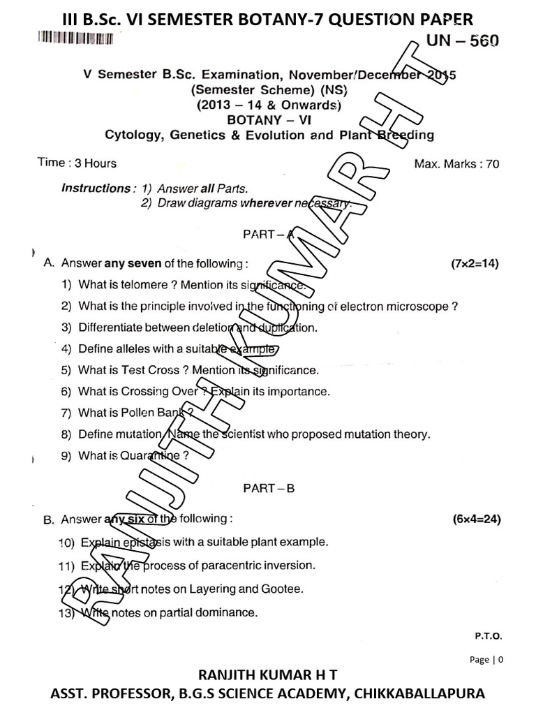 VI Semester Botany Question Paper | PDF