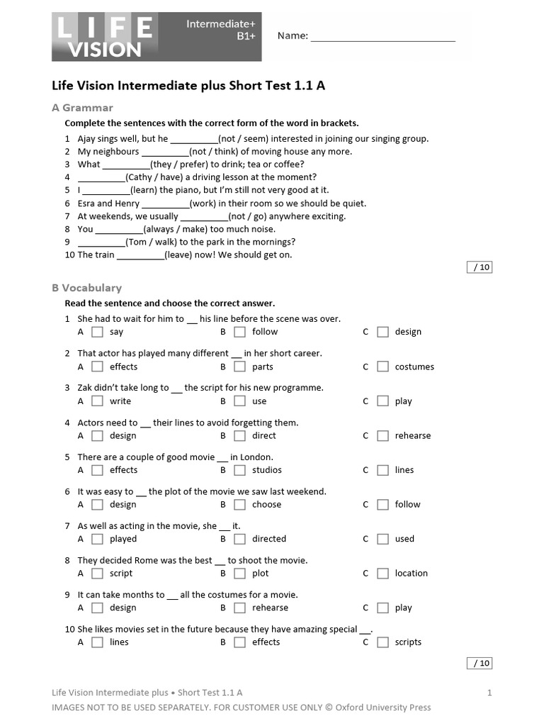 Life Vision Intermediate Test 1.1 A | PDF