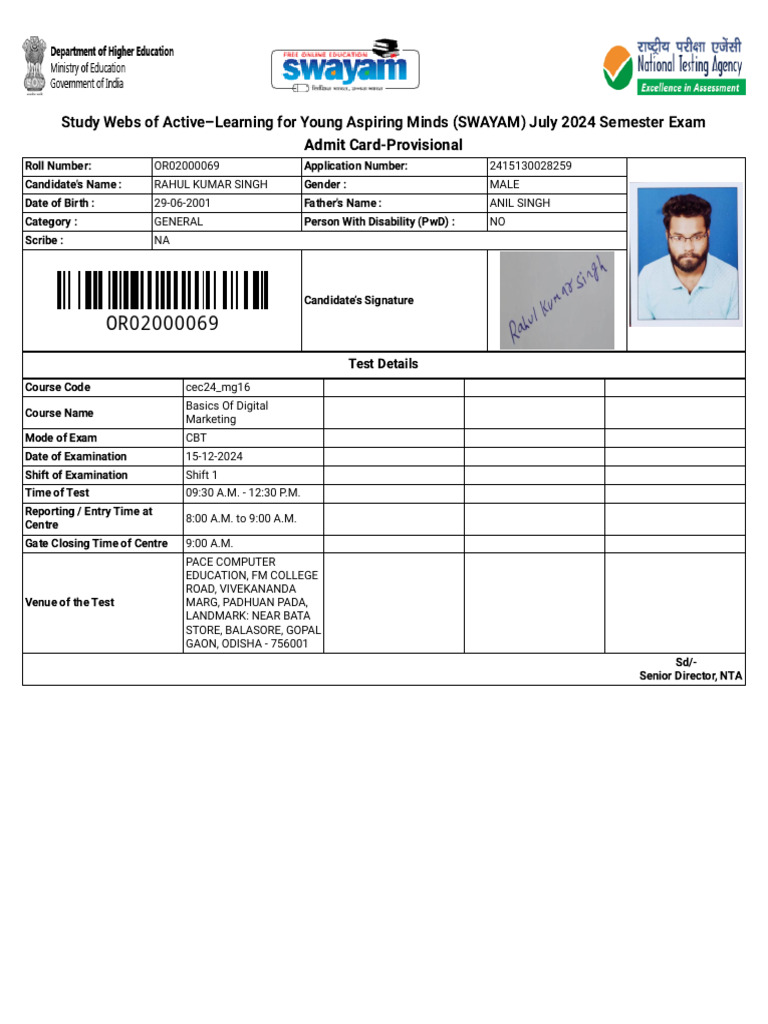 SWAYAM July 2024 Exam Admit Card | PDF | Identity Document