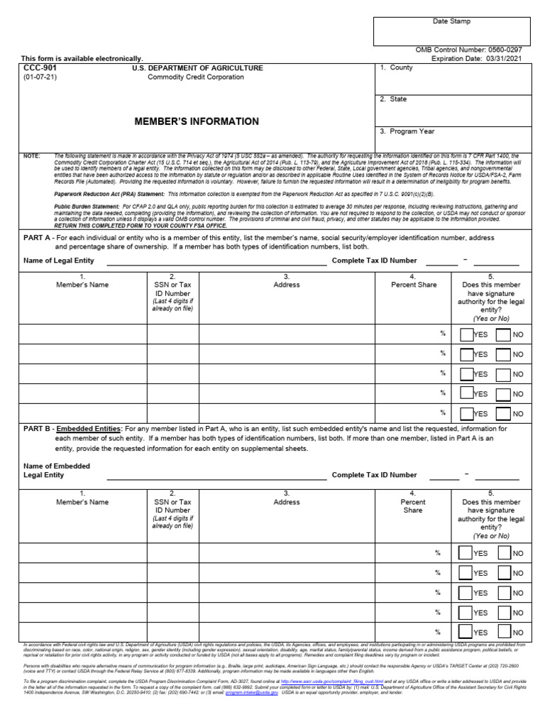 USDA CCC-901 Member Information Form | PDF | United States Department ...