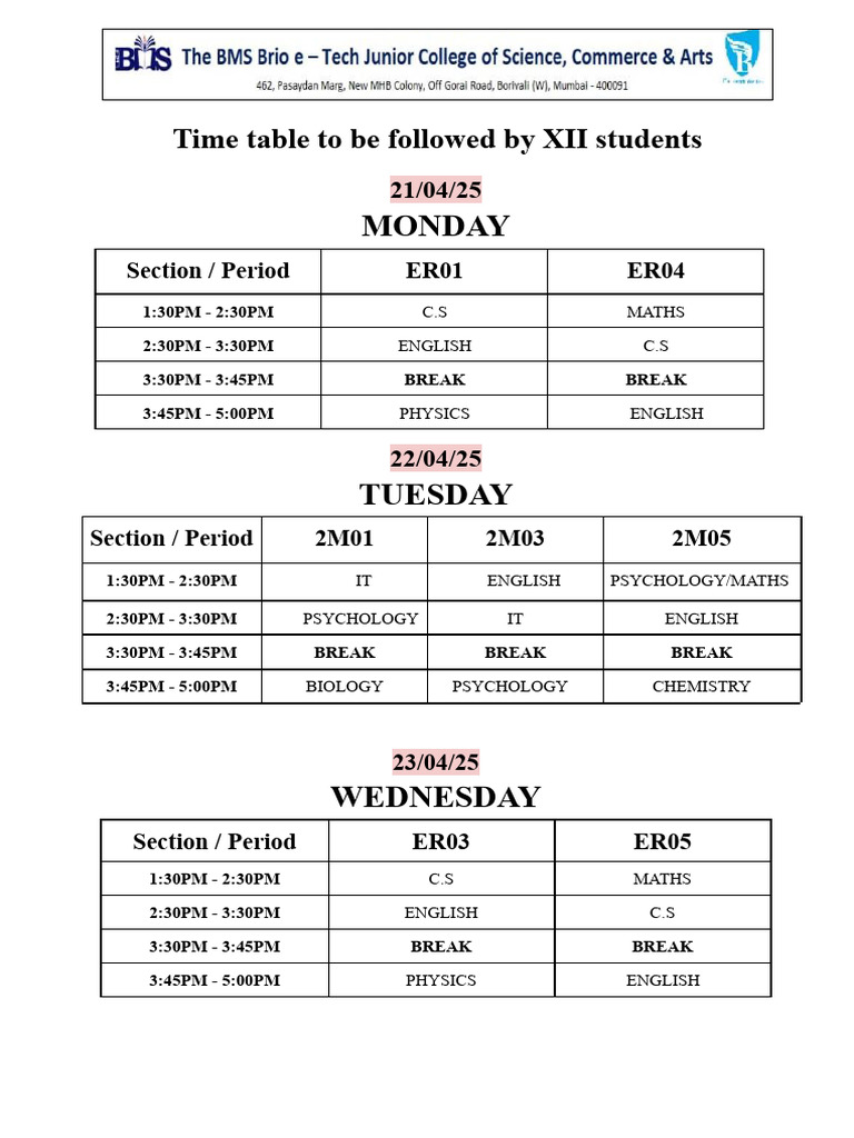 Timetable Xii-4 | PDF