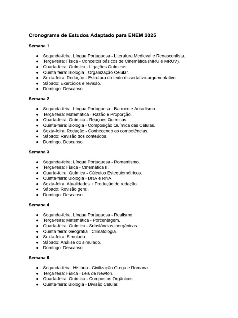 Cronograma de Estudos ENEM 2025 | PDF | Química | Trigonometria