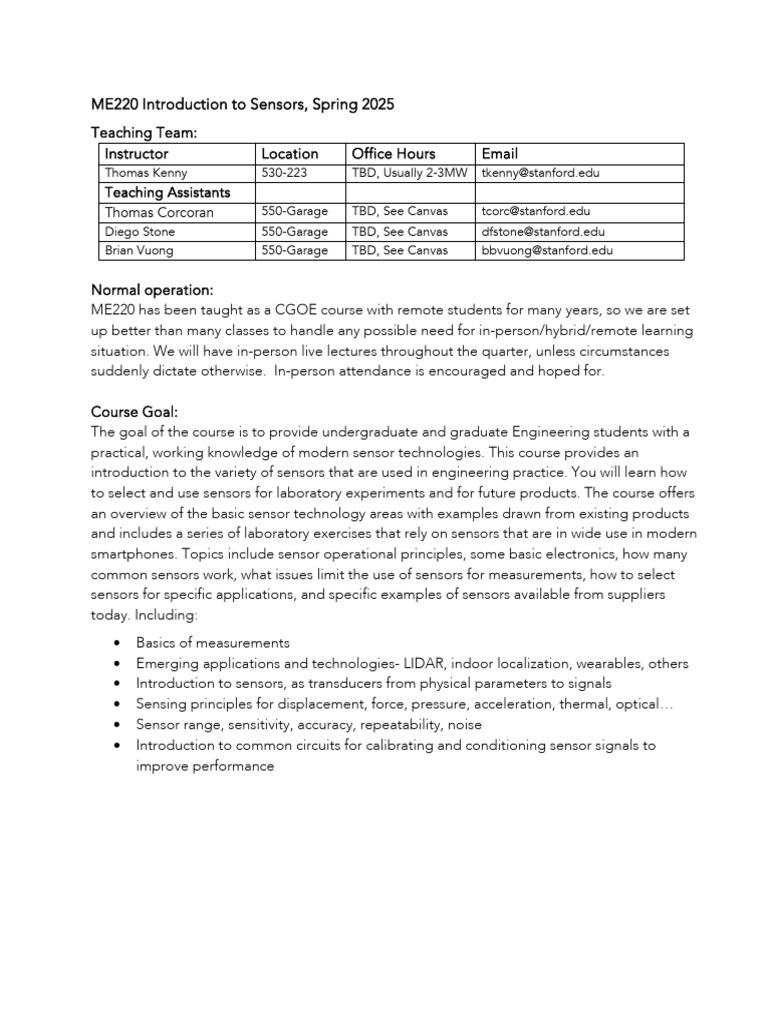 ME220 syllabus- 2025-1 | PDF | Sensor | Accelerometer