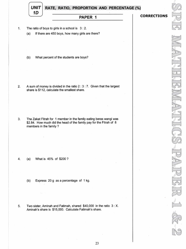 Unit 1D (Rate, Ratio, Proportion, Percentage) | PDF