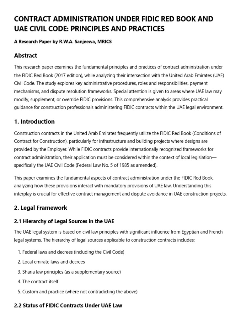 FIDIC Red Book & UAE Civil Code Insights | PDF | Insurance | United ...