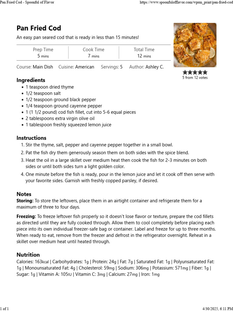 Pan Fried Cod - Spoonful of Flavor | PDF | Teaspoon | Fat