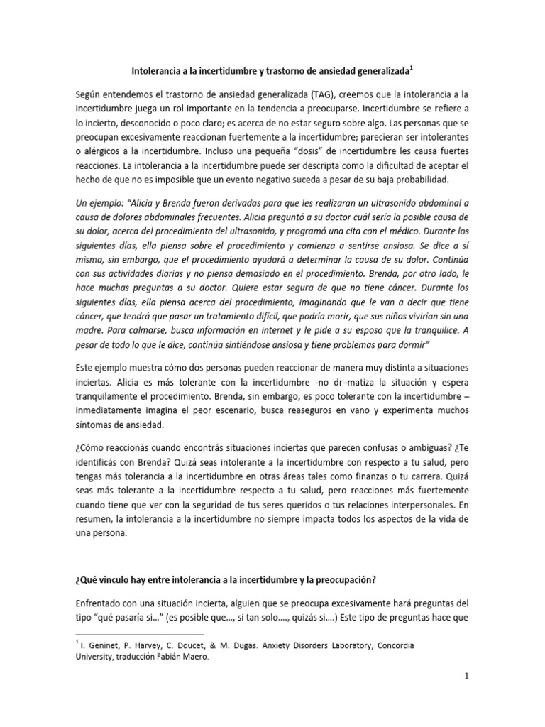 Intolerancia A La Incertidumbre y Trastorno de Ansiedad Generalizada ...