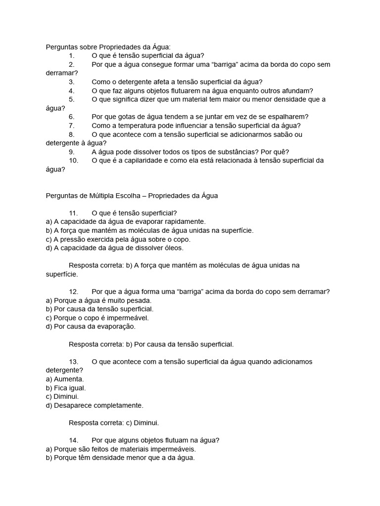 Propriedades da Água: Tensão Superficial e Flutuação | PDF