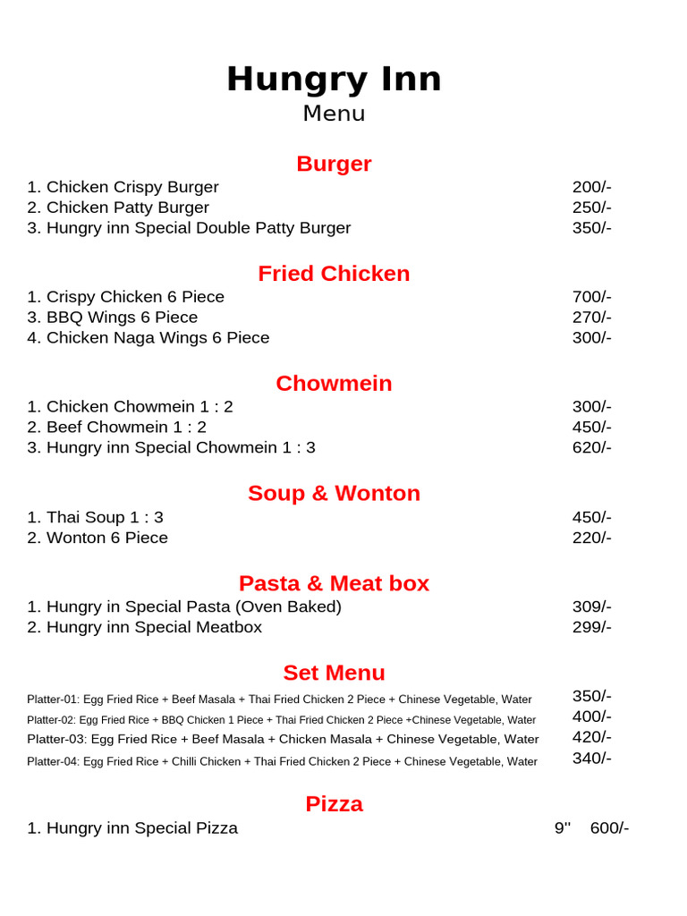 Hungry Inn Menu and Prices | PDF | Hamburgers | Chinese Cuisine