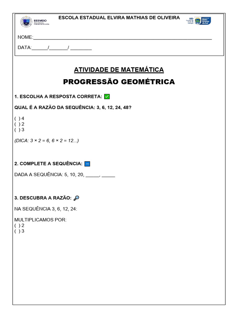 Atividade de Matemática: Progressão Geométrica | PDF