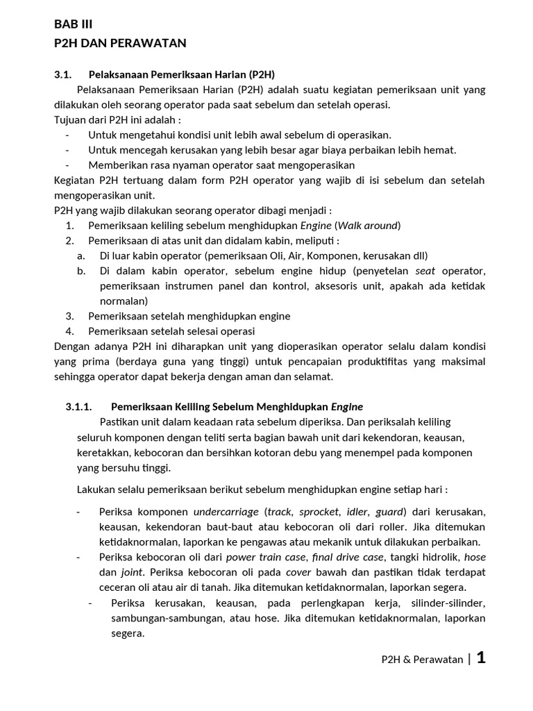 Prosedur P2H dan Perawatan Harian Unit | PDF