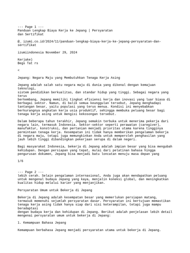 Panduan Kerja Jepang LPK AIWA HIKARI GAKUIN | PDF