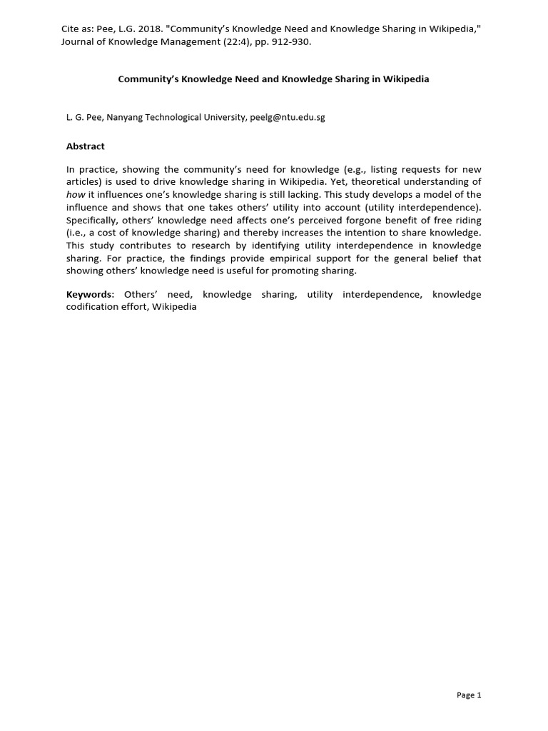 Communitys Knowledge Need and Knowledge Sharing in Wikipedia | PDF ...
