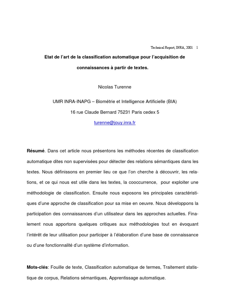 Etat De Lart De La Classification Automatique Pour L - 