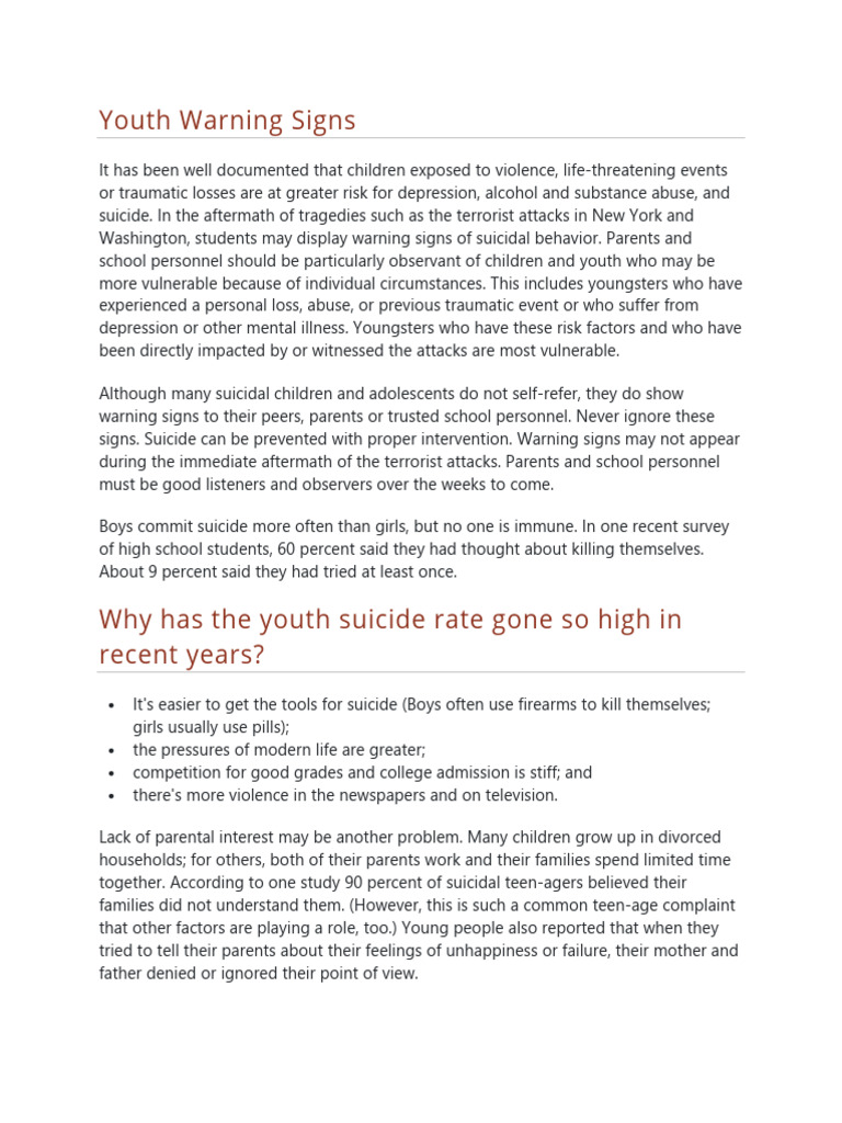 Youth Warning Signs Suicide | PDF | Suicide | Mental Health