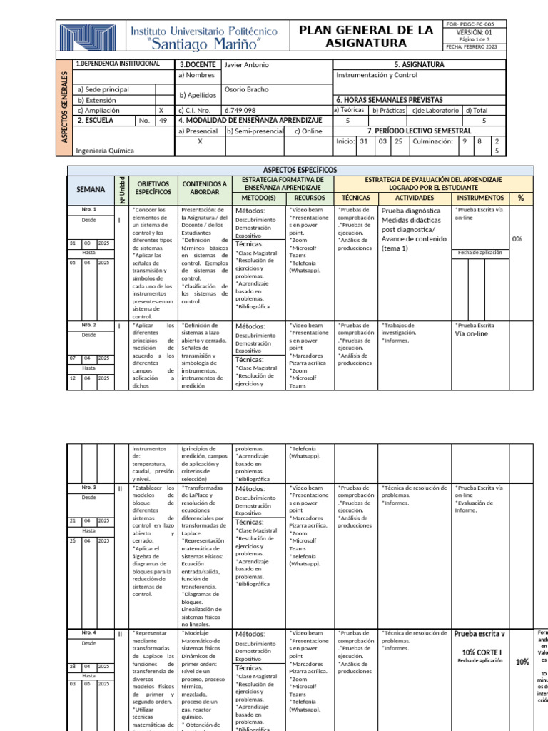 PLAN GENERAL DE LA ASIGNATURA 2025-1 INSTyCONTROL | PDF | Análisis ...