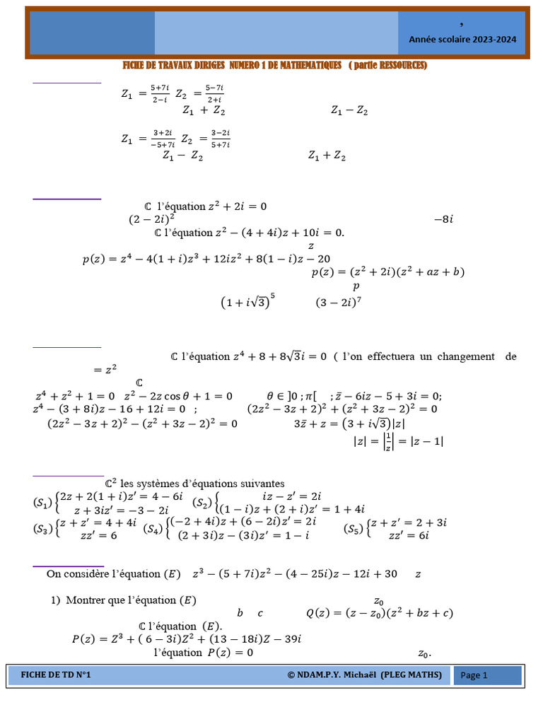 Fiche TD Nombres Complexes Terminale | PDF | Nombre complexe | Zéro d ...