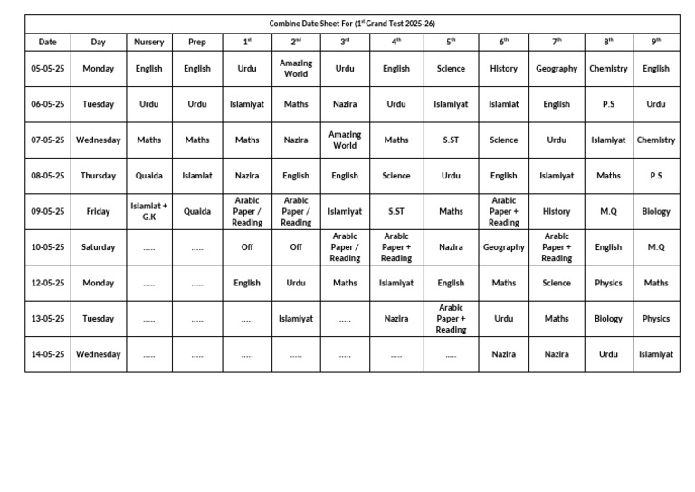 2025 Combined Date Sheet for Exams | PDF