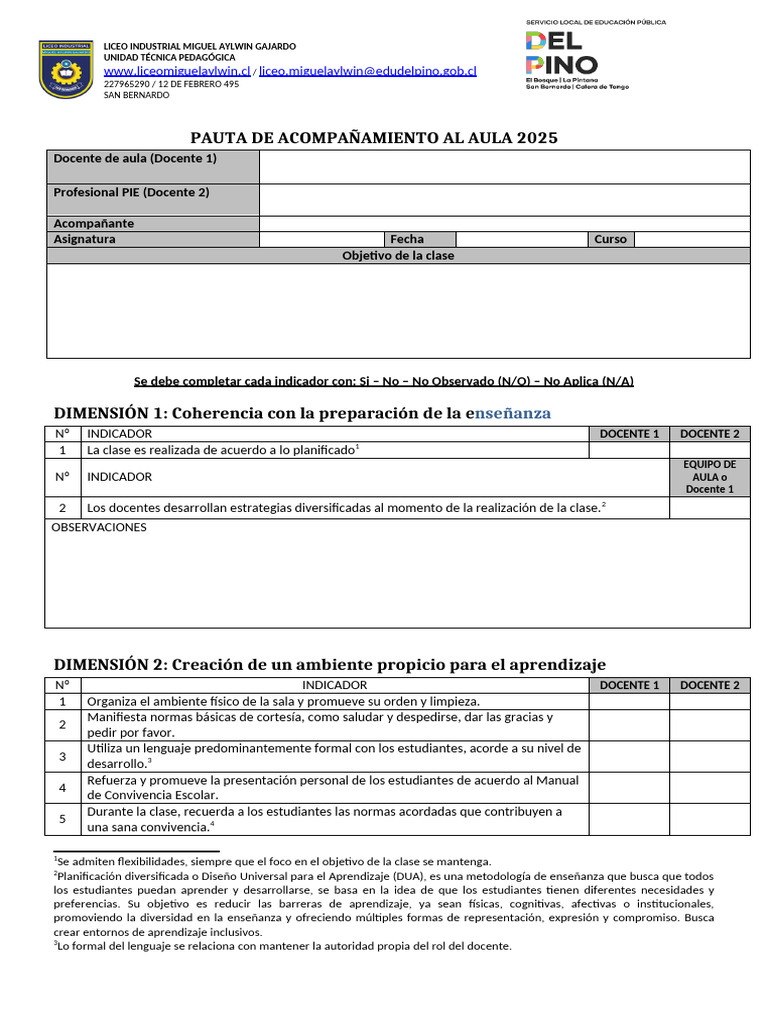 Pauta de Acompañamiento Aula 2025 | PDF | Enseñando | Aprendizaje