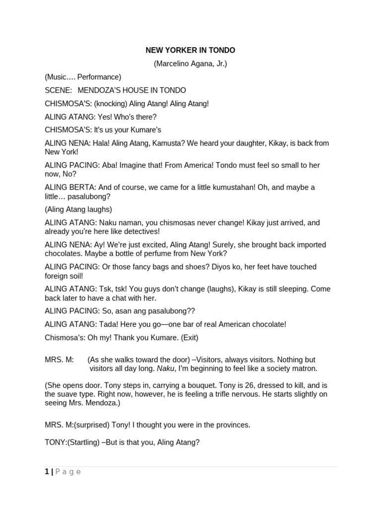 New Yorker in Tondo: A Play Script | PDF