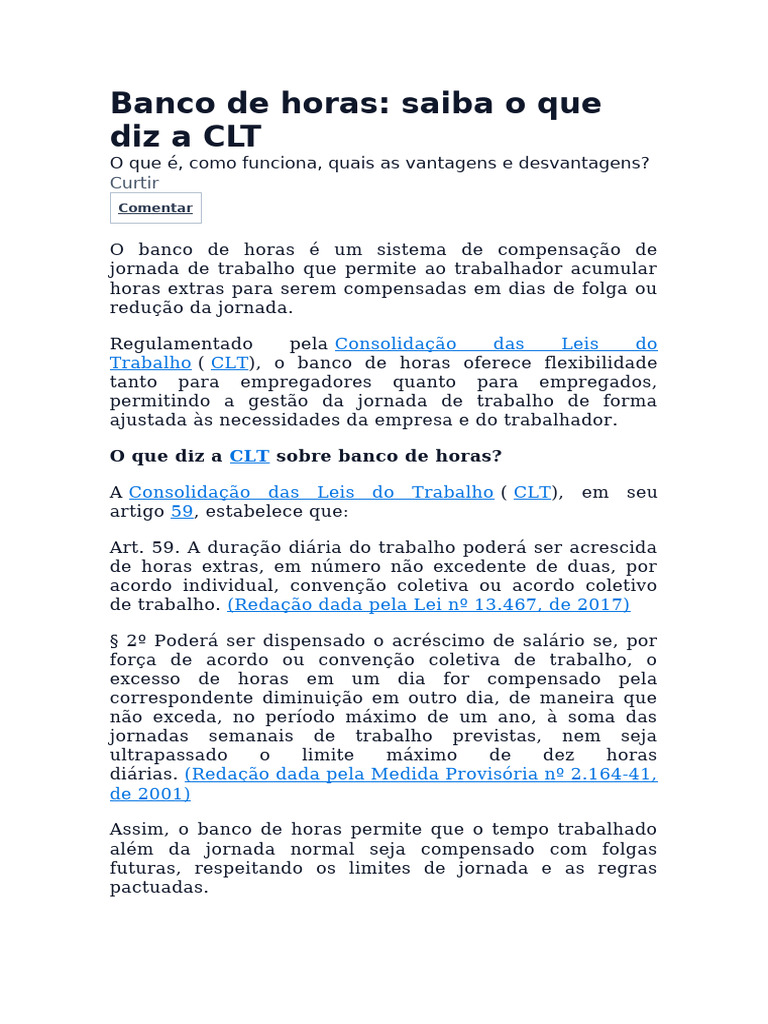 Banco de horas CLT | PDF | Expediente | Hora extra