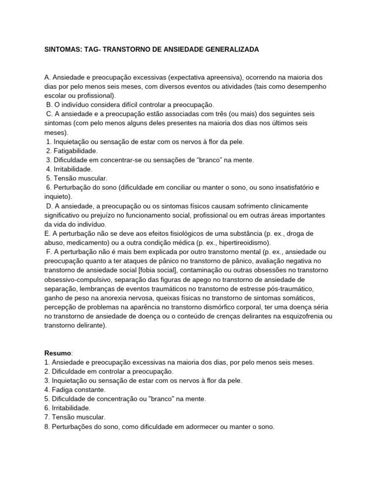 Sintomas - Tag - Transtorno de Ansiedade Generalizada | PDF