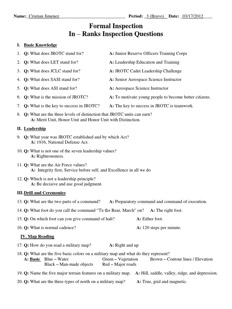 JROTC Formal Inspection Questions | PDF | Defense Policy | Military ...