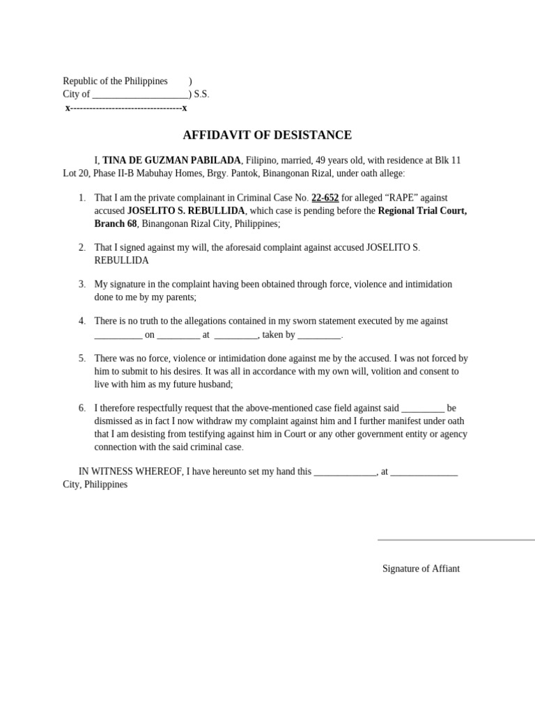 Affidavit of Desistance for Rape Case | PDF